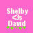 Pixelated text 'Shelby' and 'David' with a heart symbol on a pink background, featuring green and brown star-like shapes below the text.
