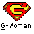 Pixelated red shield with yellow 'G' symbol and black outline above white text reading 'G-Woman' on gray background.