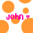 Pixelated orange circles on white background with pink text 'john' and small heart symbols.