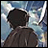 Pixelated anime-style image of a character with short dark hair viewed from behind, standing against a cloudy sky with a large crescent moon.