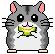 Pixelated hamster with gray fur, pink ears and nose, black eyes, white chest, holding green-and-yellow object; left side shows wider stance than right.