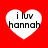 Four white heart shapes on a red background, each containing black text reading "i luv hannah" in a pixelated font.
