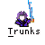Pixelated 50x50 buddy icon featuring a character with purple hair holding a blue sword-like object above their head, with the text "Trunks" displayed below in pixelated font on a gray background.