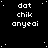 Black background with white pixelated text 'dat chik anyeai' repeated in a pattern, scattered white dots resembling stars, and one gray square at bottom right