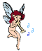 Pixelated fairy with red hair and translucent wings plays a brass instrument, emitting musical notes in two