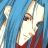 Pixelated anime-style character with blue hair and red clothing against a blue background, next to black with white text