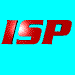 Red 3D text 'ISP' and mirrored 'ISP' on cyan background with gray section, animated rotation showing multiple angles.
