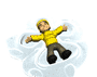 A cartoon character in a yellow jacket and brown pants lies in snow, arms and legs spread, with a light blue swirling snow effect around them.