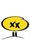 Yellow oval icon with black border and 'XX' text on top, supported by a stand that changes from two vertical bars to three legs across frames.