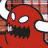 Red cartoon character with white eyes and black mustache, wearing red hat with brown trim; one version has blue text at bottom.