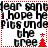 A static digital image with pixelated text and red Christmas tree icons arranged in a pattern