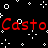 Red pixelated text 'Casto' repeated twice on a black background with white geometric shapes, partially overlaid by a gray rectangle.