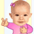 Pixelated static image of a baby in pink clothing with a purple bow, making a peace sign gesture against a light yellow and white background.