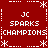 Red background with white pixelated text and symbols arranged in a pattern, featuring 'JC', 'SPARKS', and 'CHAMPIONS' repeated across four quadrants with star and line decorations