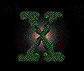 Green and gray X-shaped figure with metallic texture rotates through multiple angles against dark background with red glow.