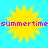 Yellow sunburst icon with pink text "summertime" on cyan background, static pixel art style.