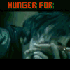 six shows a person with dark hair covering their face with hands, with orange text overlays reading 'HUNGER FOR', 'BLOOD', 'LOVE', and 'ME' across different