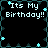 Pixelated icon with black background displaying "Its My Birthday!!" text in white, surrounded by cyan star and diamond border elements.