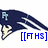 Pixelated dark blue shape with white and light blue accents, featuring a stylized 'R' symbol and blue text reading '[[FTHS]]' on a white background.
