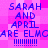Pixelated text on a pink background reads 'SARAH AND APRIL ARE ELMCARE ELMO' with exclamation marks below, repeated twice in vertical alignment