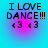 Four identical pixelated text-based icons arranged in a on a cyan background with pink circular gradients, each displaying 'I LOVE DANCE!!!' with two heart symbols below