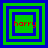 Four green and blue square frames with red text 'harry' in each, arranged in a on a solid blue background