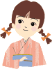 A cartoon girl with brown pigtails tied by orange bows wears a pink striped kimono and holds a blue tray with white hand illustration.