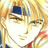Pixelated anime-style character with white face, dark eyebrows, and red mouth against warm-toned background with blue and brown elements.