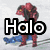 Pixelated image of a red armored figure with blue accents standing over a fallen character, overlaid with large white text "Halo" on the left and "is" on the right.