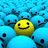 A pixelated image with a central yellow smiley face surrounded by blue faces, set against a blue background with text reading "IM LIKE THE BRIGHT SMILE IN A BLUE WORLD" and "UNIQUE".
