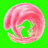 A circular pixelated icon with swirling pink and white patterns on a bright green background, featuring a central green void.