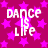 Pixelated graphic with 'DANCE IS LIFE' text over magenta background and pink stars, featuring a gray rectangular overlay on the right side.