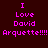 Two identical vertical of pink pixelated text on a dark red background, each reading "I Love David Arquette!!!!" with four exclamation marks