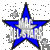 Blue star with white text over gray background, next to orange circular object and blue vertical shape on white background.