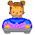 Pixel art animation of a cartoon girl driving a car, shown in two frames with subtle pose changes.