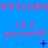 Blue background with repeated pink text 'im a unicorn!!!!' and purple symbols, showing animation changes in symbol positions and small dot patterns.