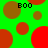 Green background with scattered brown and red circles, four instances of 'BOO' text in black pixelated font, and red-brown split circles.