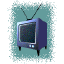 A retro television set with two antennae, dark blue body, and small control buttons on the front, displayed against a teal pixelated background.