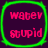 Four identical square icons with rounded corners, each featuring a dark purple background bordered by bright green outline and displaying two lines of pink pixelated text.