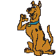 Pixelated cartoon dog with orange fur and black spots, wearing a blue collar with yellow tag, seated on gray background making two different hand gestures.