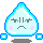 Pixelated teardrop-shaped icon with light blue body, dark gray frown, pink cheeks, and white sparkles on a gray background.