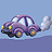 Pixelated purple car with yellow headlights and orange taillights, emitting white smoke from the rear against a light blue background.