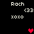 Pixel art displays 'Rach' with '(33', 'xoxo', and a red heart on black background, showing animation changes in heart position.