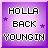 Pixel art contact sheet of a 7-frame animated icon featuring text variations and a cartoon character on purple backgrounds with star accents.
