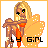 Pixelated character with blonde hair and yellow eyes holds a large orange feathered prop, wearing an orange outfit with brown boots.