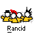 Pixel art of four yellow figures with white faces, one wearing a red bandana and another a black top hat against gray background.