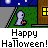 Animated Halloween-themed contact sheet showing a ghost character interacting with houses and text bubbles across multiple frames.