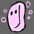 Two side-by-side animated frames of a pink, rounded cartoon character with black eyes and a curved mouth surrounded by floating purple bubbles on a gray background.