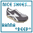Pixelated shoe icon with blue text 'NICE SHOES...' and 'HANNA *BEEP*' on white background, framed by blue border.