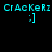 Pixelated cyan text 'CrAcKeRz' and a smiley face ':]' displayed on four distinct background colors: black, gray, white, and dark gray.